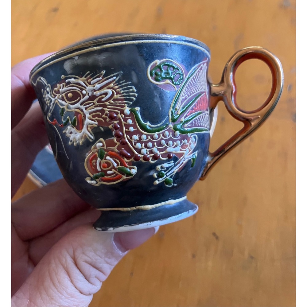 Meiko China Tea Cup Saucer Set Black Moriage Dragonware Japan - Picture 6 of 7